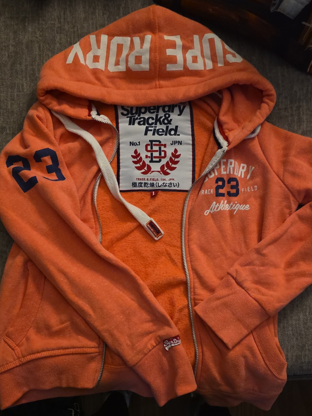 Superdry Orange Zip Hoodie with Track & Field Graphics